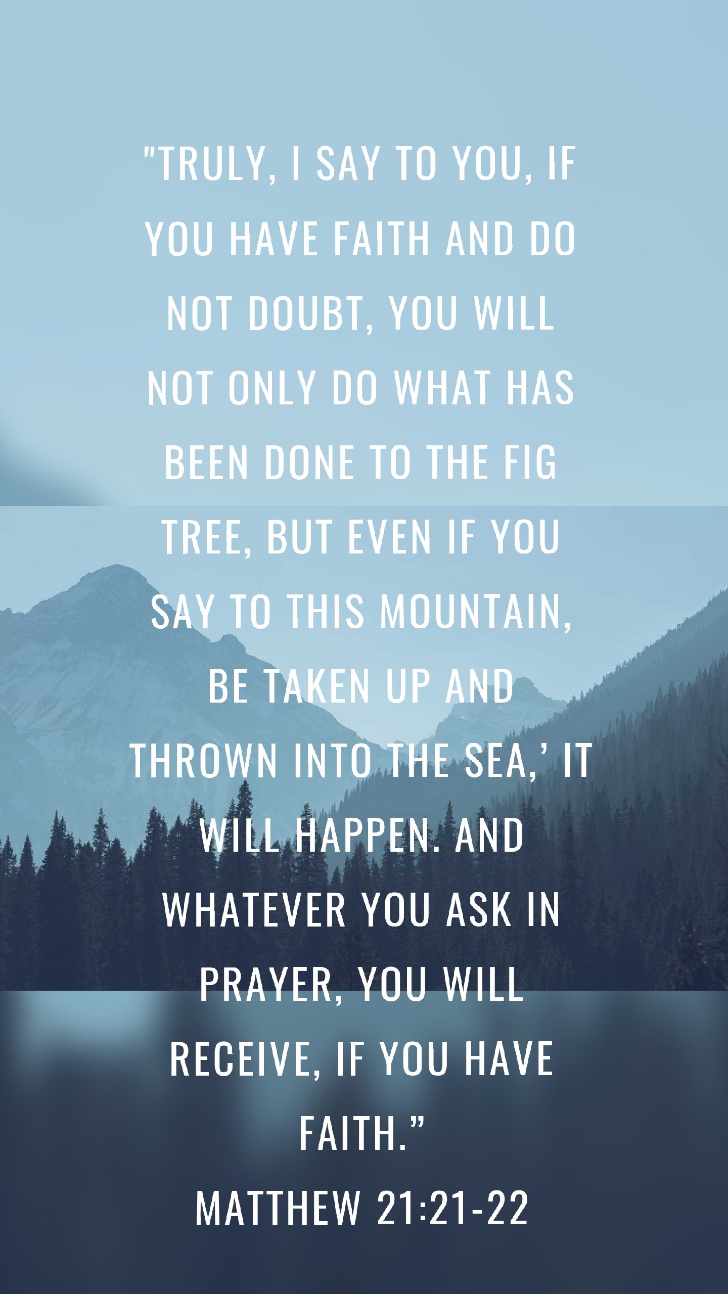 "Truly, I say to you, if you have faith and do not doubt, you will not only do what has been done to the fig tree, but even if you say to this mountain, Be taken up and thrown into the sea,’ it will happen. And whatever you ask in prayer, you will receive, if you have faith.”
Matthew 21:21-22